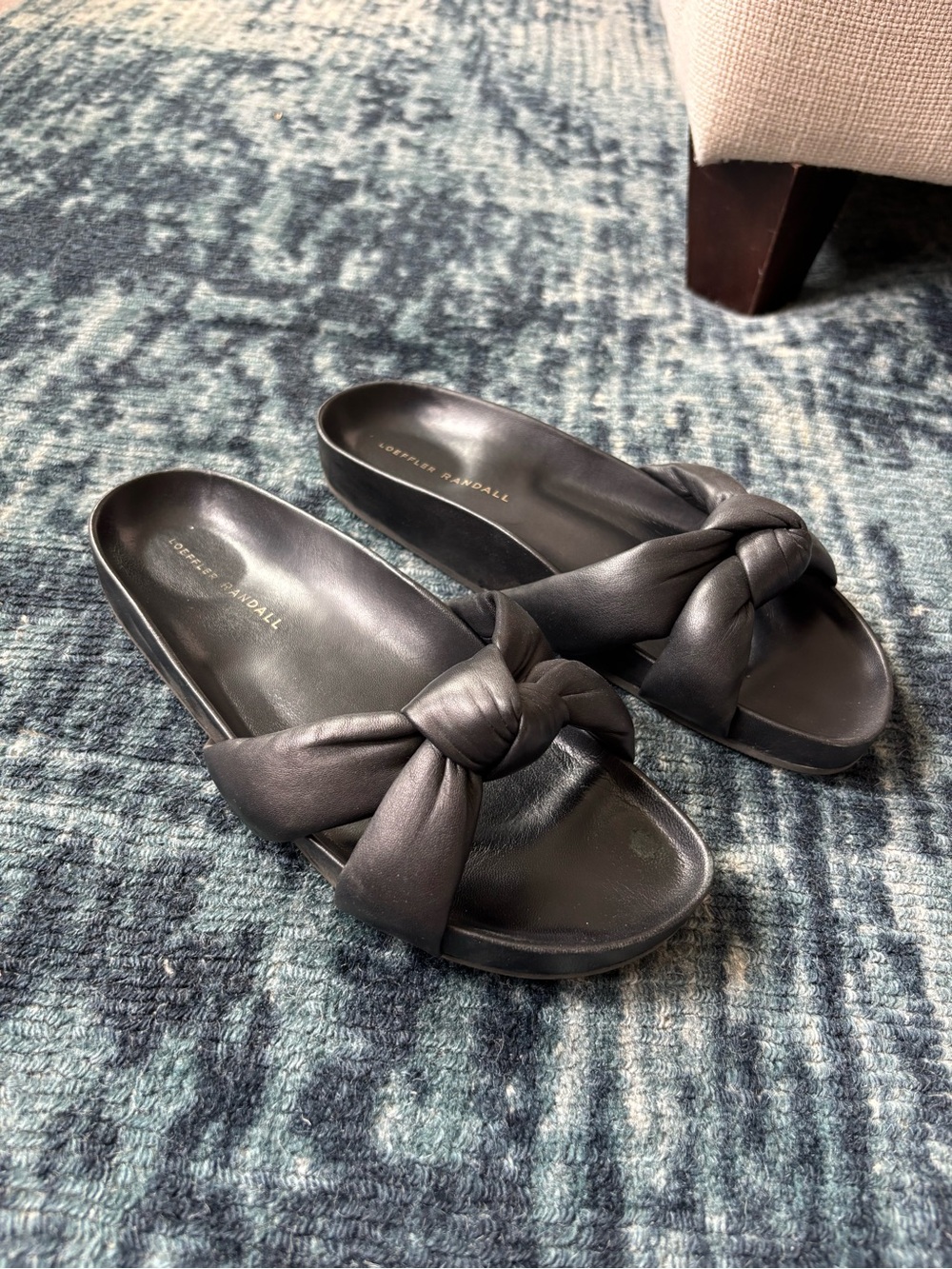 Loeffler Randall Puffy Knot Black Leather Flat Slide Sandals